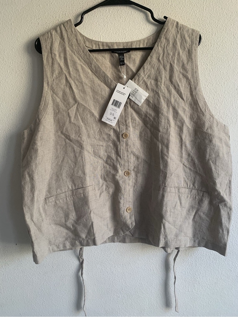 Eileen Fisher Organic Linen Tie Back Vest Tank Top Oatmeal
